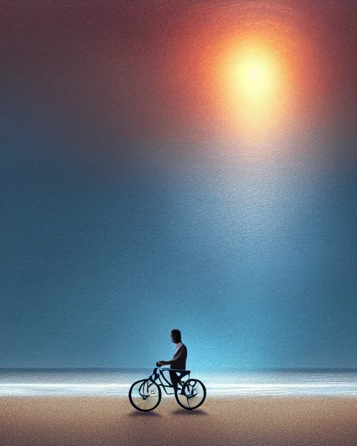 Image similar to photo of man riding a bicycle along the beach that is lit by glowing organisms underwater toward a lighthiuse in the distance, wide horizon, large white clouds, intricate, elegant, highly detailed, digital painting, artstation, concept art, smooth, sharp focus, illustration, art by artgerm and greg rutkowski and fra angelico