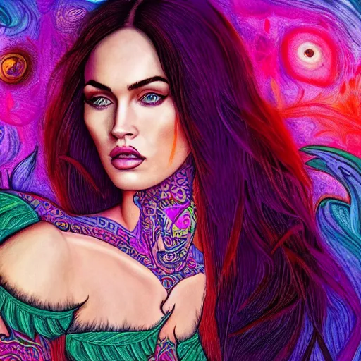 Image similar to an extremely psychedelic portrait of megan fox as lilith, surreal, lsd, face, detailed, intricate, elegant, lithe, highly detailed, digital oth, sharp focus, illustration,