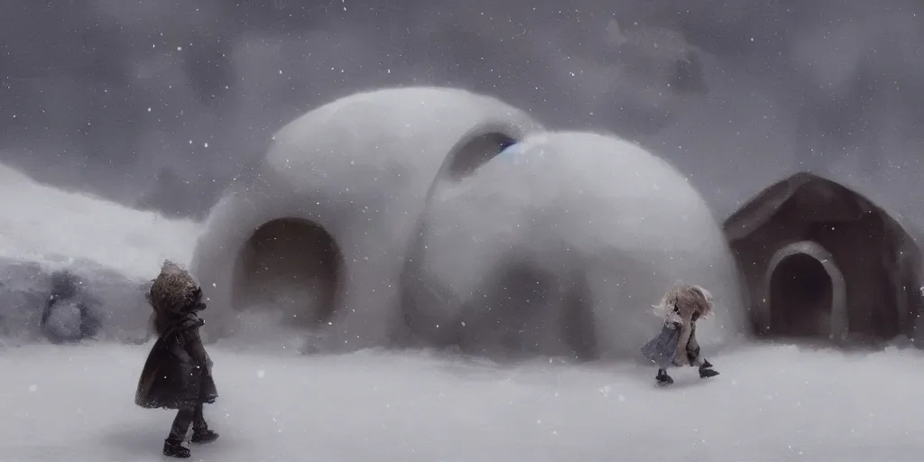 Prompt: young girl back to us in front of an igloo in the tundra,, mysterious matte painting by ruan jia and craig mullins, trending on artstation