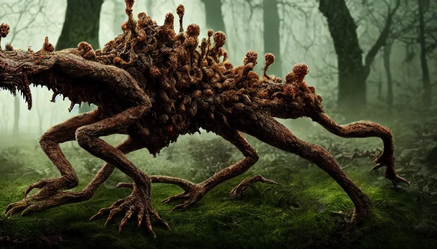 Prompt: a extremely horror photograph of a fantasy creature made out of nature and fungus, intricate, hyperrealism, sharp focus, cinematography, highly detailed, octane render, horror cgi 4 k, matte, photograph by professional photographer