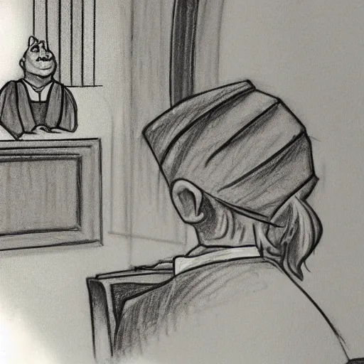 Prompt: shrek on trial in courtroom, courtroom sketch, pencil sketch, judge, courtroom