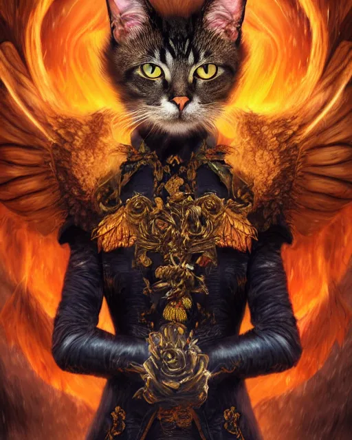 Prompt: amazing poster of detailed portrait digital rococo painting of a beautiful serious cat wearing fantasy clothing. the cat has black angel wings, evil mood, hellish battlefield in the background, unreal engine, embers flying, hyper realism, realistic shading, cinematic composition, blender render, octane render, ultrawide shot