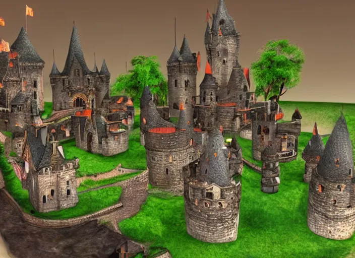 Image similar to fantasy village with a castle in it