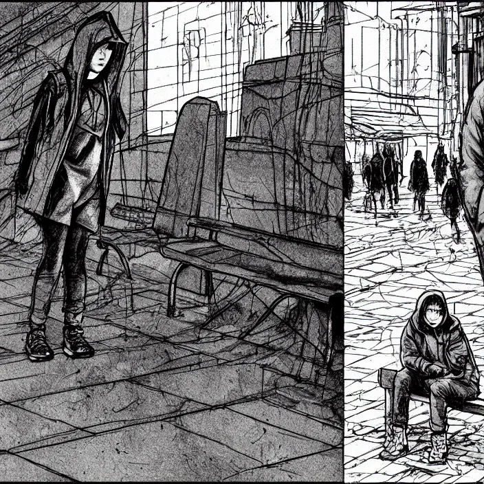 Image similar to storyboard : sadie sink in hoodie sat down on bench in ruined square, pedestrians walk by, old soviet monument nearby. scifi cyberpunk. drawn by gabriel hardman. cinematic atmosphere, detailed and intricate, perfect anatomy