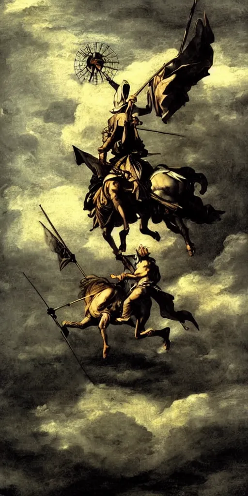 Prompt: don quixote fighting with an anthropomorphic windmill of lamancha during a stormcloud with dramatic airbrushed clouds over black background by Luis royo and Caravaggio, realistic