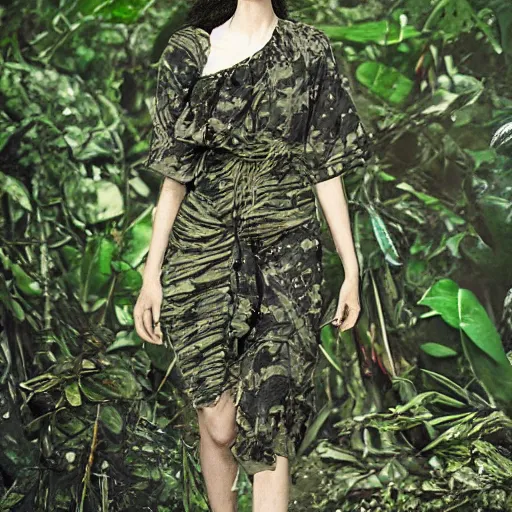 Image similar to female character wearing a camouflage dress by yohji yamaoto in a dense misty jungle the style of mamoru oshii