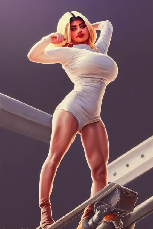 Prompt: clear portrait of kylie jenner benchpressing sillicone bags, cottagecore!!, background hyper detailed, character concept, full body, dynamic pose, elegant, intricate, highly detailed, digital painting, artstation, concept art, smooth, sharp focus, illustration, art by artgerm and greg rutkowski and alphonse mucha