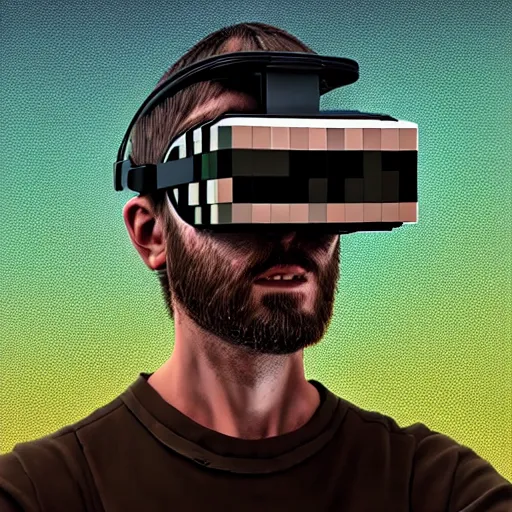 Image similar to Colour Caravaggio and Minecraft style Photography of Highly detailed Man with 1000 years old perfect face with reflecting glowing skin wearing highly detailed sci-fi VR headset designed by Josan Gonzalez. Many details . In style of Josan Gonzalez and Mike Winkelmann and andgreg rutkowski and alphonse muchaand and Caspar David Friedrich and Stephen Hickman and James Gurney and Hiromasa Ogura. Rendered in Blender and Octane Render volumetric natural light