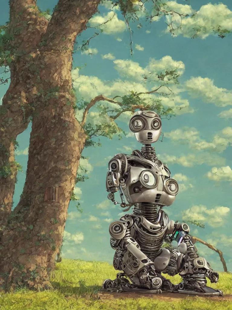 Image similar to award winning hyper-realistic portrait painting of a rustic robot sitting under a tree, film still in the style of Studio Ghibli, by Hayao Miyazaki, high quality, detailed, 8k, amazing, single robot