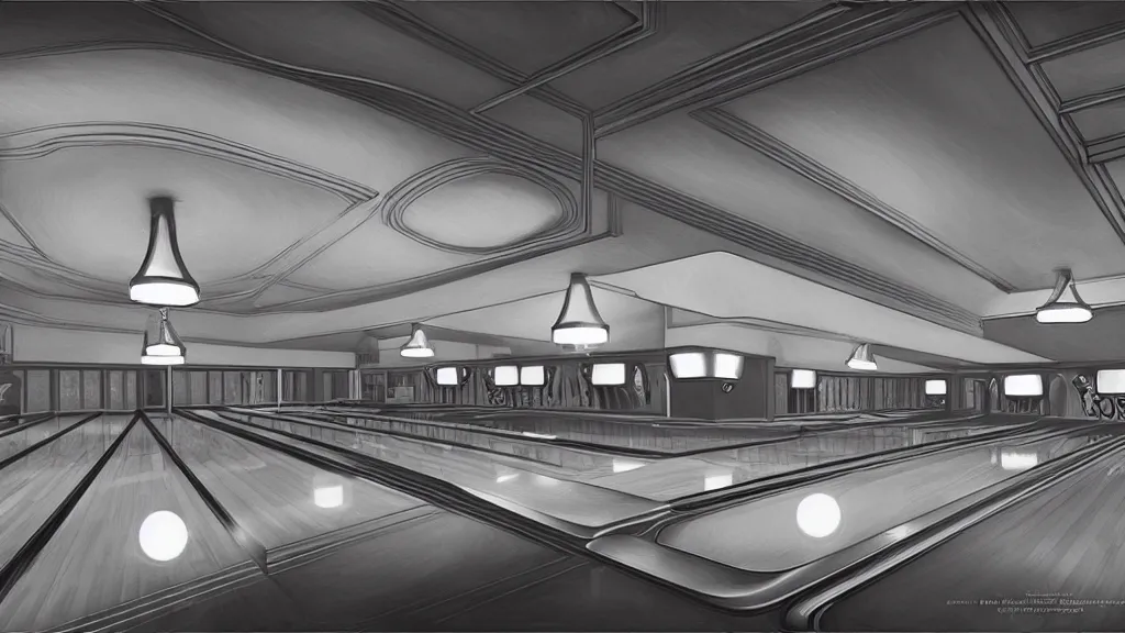 Image similar to art deco bowling alley, ultra detail, photoreal, soft moonlight lighting, realistic, wide angle, sharp focus, 8 k high definition, insanely detailed, intricate, elegant, art by artgerm and wlop