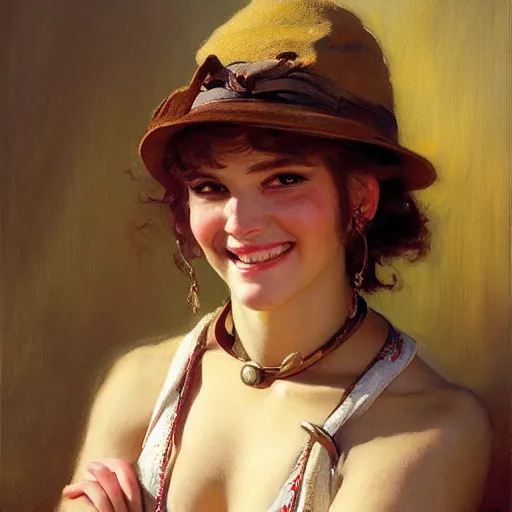 Image similar to a portrait of a pitbullwoman smiling at the viewer. highly detailed painting by gaston bussiere, craig mullins, j. c. leyendecker 8 k