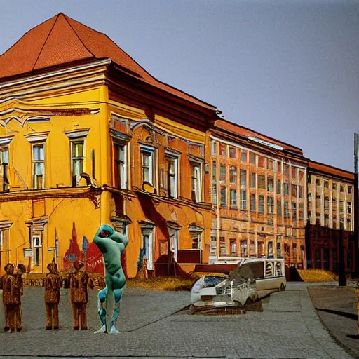 Image similar to The body art depicts a police station in the Lithuanian city of Vilnius. In the foreground, a group of policemen are standing in front of the building, while in the background a busy street can be seen. solarised by Zdzislaw Beksinski, by Fang Lijun