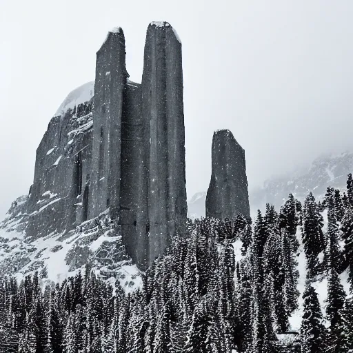 Image similar to a monolithic cathedral on a snowcapped mountain in the artic. grainy, snowing, overcast sky.
