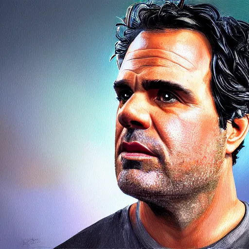 Prompt: portrait of mark ruffalo, highly detailed, centered, solid color background, digital painting