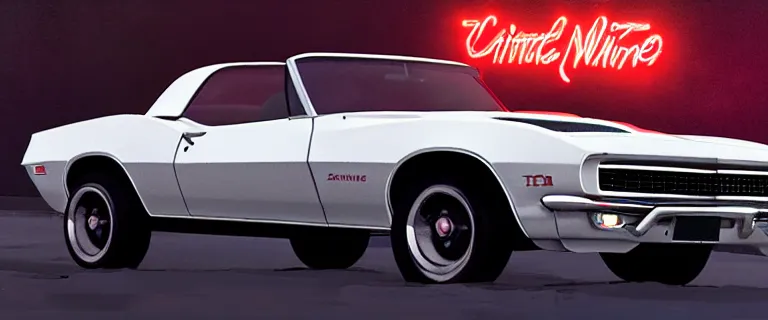 Prompt: Ermine White Chevrolet Camaro Z28 Convertible (1967), red interior, a gritty neo-noir, dramatic bright lighting, cinematic, establishing shot, extremely high detail, photorealistic, cinematic lighting, artstation, by simon stalenhag, Max Payne (PC) (2001) winter new york at night