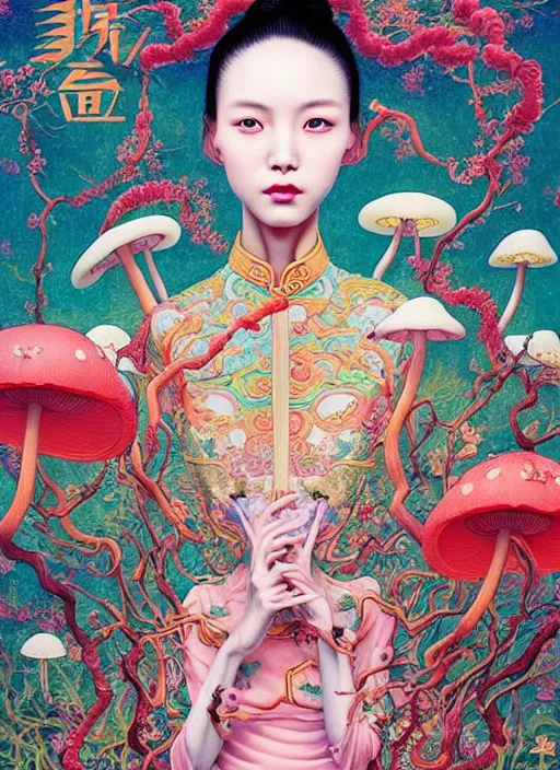 Image similar to pretty chinese model with hallucination mushroom : : by martine johanna and simon stalenhag and chie yoshii and casey weldon and wlop : : ornate, dynamic, particulate, rich colors, intricate, elegant, highly detailed, vogue, harper's bazaar art, fashion magazine, smooth, sharp focus,