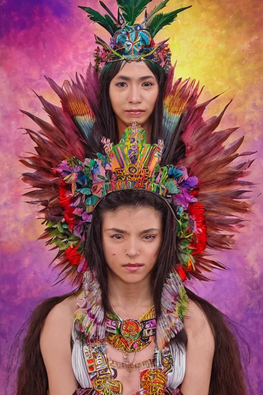 Prompt: medium body shot portrait photo of female magical aztec warrior wearing a crown of long magical quetzal feathers and peony flowers as a cyberpunk cyborg goddess - realistic and detailed, by aaron de leon, sandro boticelli, studio ghibli and alphonse mucha, hdr 8 k