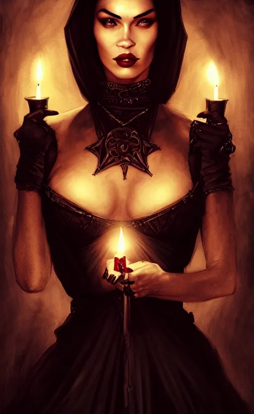 Image similar to megan fox witch queen, black eyes, blood, full body, intricate victorian dress, middle shot, cinematic lighting, symmetrical eyes, caravaggio, rafael albuquerque, charlie bowater, moody lighting, candles