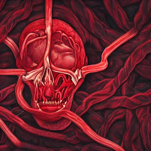 Prompt: a deeply-red gory structure of intertwined decaying muscles, eyes, and intestines lying in a pool of clotting blood, slowly engulfing its surroundings with twitching veins and bloody intestines, dark hazy room, a high-quality photo, hyperrealistic, in color