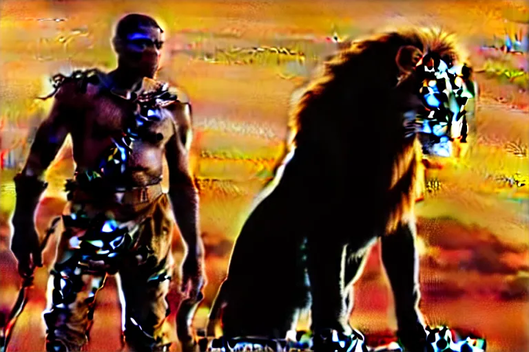 Image similar to scar ( from the lion king ), heavily armed and armored facing down armageddon in a dark and gritty reboot from the makers of mad max : fury road : witness me