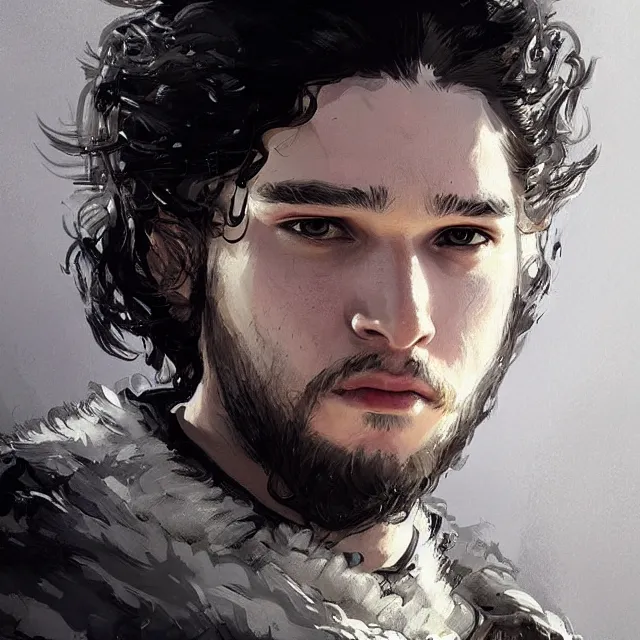 Prompt: jon snow from game of thrones, portrait, elegant, intricate, digital painting, artstation, concept art, smooth, sharp focus, illustration, art by konstantin korovin and daniel f. gerhartz and john howe