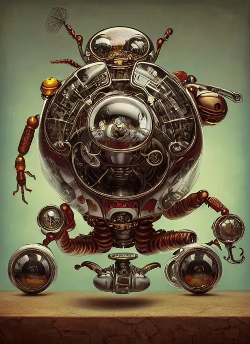 Prompt: highly detailed wide - angle portrait of a retro mechanical insect toy, nicoletta ceccoli, mark ryden, lostfish, earl nore, hyung tae, frank frazetta, global illumination, detailed and intricate environment