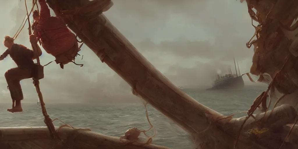 Prompt: Jack is drawing Rose who is a Sloth, titanic screenshot, Greg Rutkowski, Darek Zabrocki, Karlkka, Jayison Devadas, Phuoc Quan, trending on Artstation, 8K, ultra wide angle, pincushion lens effect.