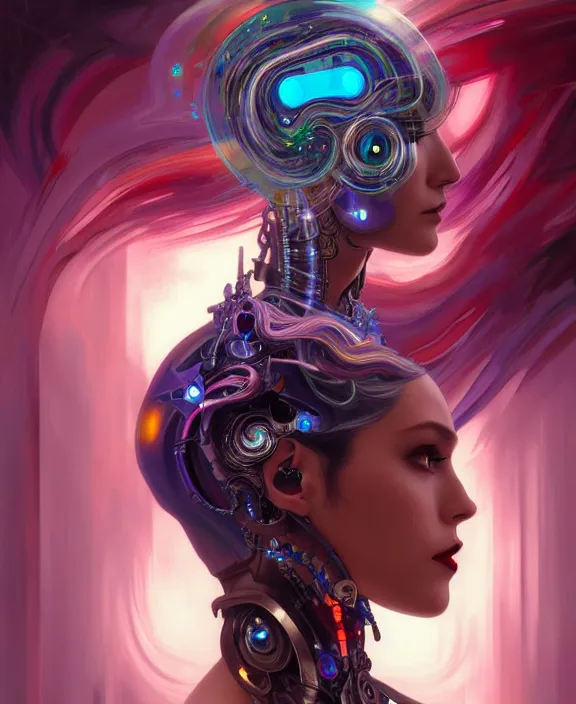 Prompt: a whirlwind of souls rushing inside the metaverse, half body, jewelry, fashionable short haircut, android, cyborg, cyberpunk face, by loish, d & d, fantasy, intricate, elegant, highly detailed, colorful, vivid color, digital painting, artstation, concept art, art by artgerm and greg rutkowski and alphonse mucha