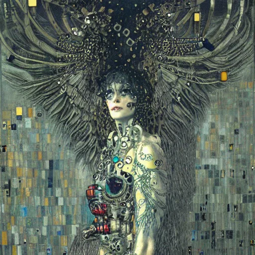 Image similar to winged cybernetic demon trapped in circuitry, intricate detail, klimt, miro, royo, whealan, figure study,