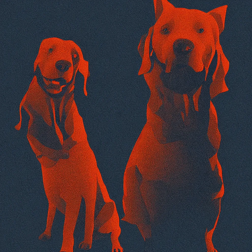 Image similar to surprised dog meme by, mads berg, karolis strautniekas, film noir, stippled light, dramatic lighting, editorial illustration, detailed, fine texture, matte print, art deco, brutalism, dark blue + dark orange, red, black, ( ( habitat 6 7 background ) )