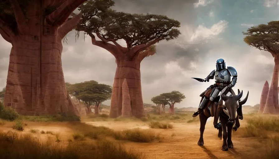 Image similar to mandalorian riding a bull alone, madagascar with baobabs trees in the background, action scene, an epic fantasy, artgerm and greg rutkowski and alphonse mucha, an epic fantasy, volumetric light, detailed, establishing shot, cinematic, photorealistic, hyper detailed, ultra realistic, trending on art station, octane render, midsommar