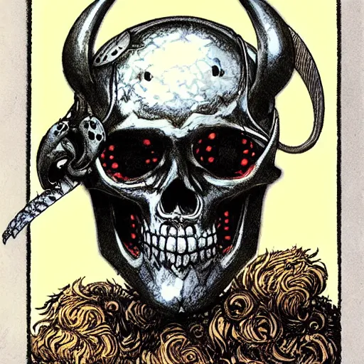 Prompt: portrait of skull with viking helmet and glowing eyes by rebecca guay, yoshitaka amano
