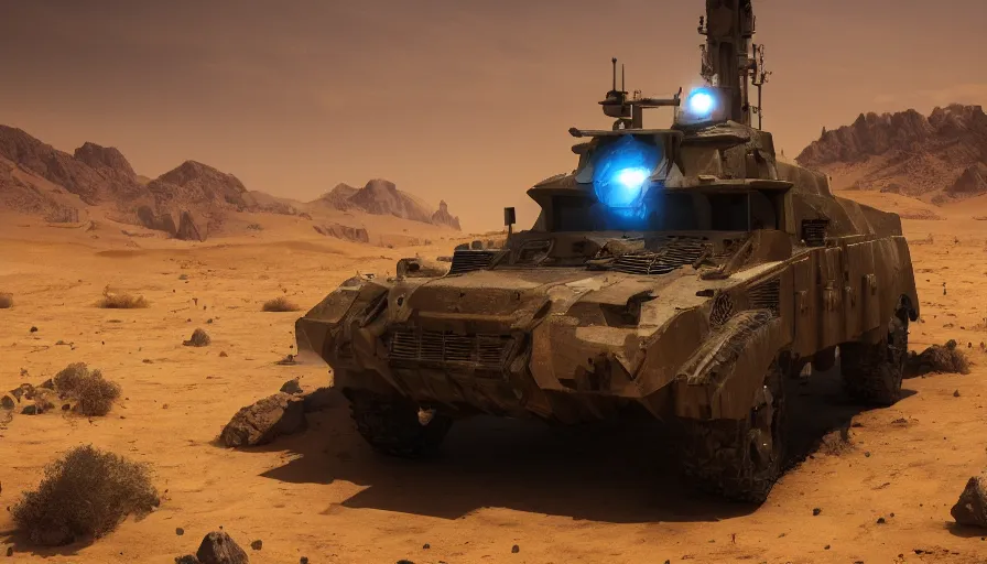 Prompt: an image of an armored vehicle in the desert with blue headlights on by Paul Chadeisson, atmospherical, concept art, high detail, intimidating , cinematic, Artstation trending, octane render