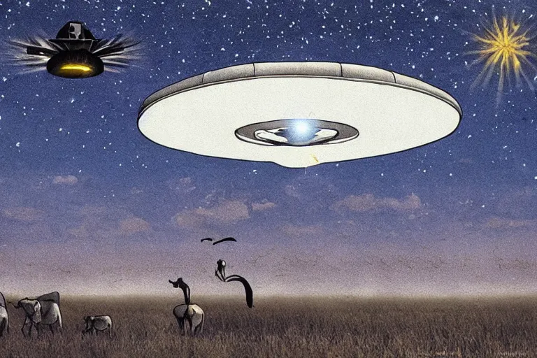 Prompt: an ufo abduct a cow, sci fi art