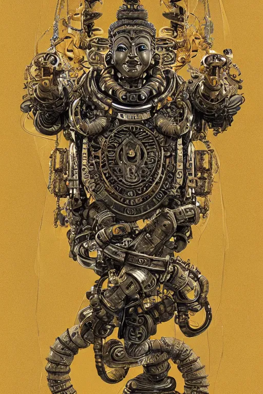 Image similar to a study of cell shaded illustration of a neofuturistic ornate cyborg robot fu manchu buddha with a big belly dancing like shiva, golden ratio, post grunge screen print poster, character concept art by Miles Tsang, highly detailed, sharp focus, motherboard, Artstation, deviantart, artgem