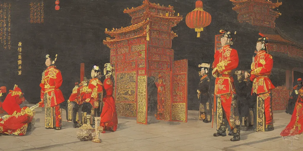 Image similar to Highly detailed and cinematic romantic period oil painting of Imperial Chinese palace guards bowing to the Chinese emperor who is sat upon a throne, strong atmosphere, oil painting masterpiece by Josep Tapiró Baró, symmetry, fractals