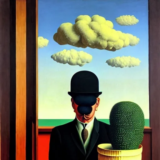 Prompt: a man thinks about what to buy at the grocery store, by rene magritte and salvador dali, oil on canvas