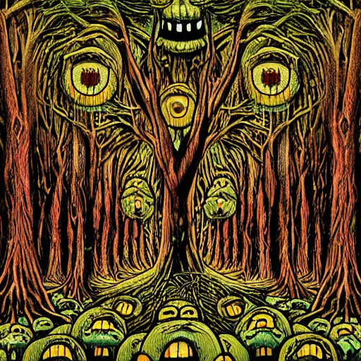 Image similar to horror nightmare psychedelic art illusionary art of forest made of only creepy eyes everywhere schizophrenic visions haunting scary horrifying terrifying anthropomorphic trees bio organic forests james gurney greg rutowski yoji shinkawa apophasis shintaro kago junji ito esoteric hypnogogic ethereal ethereality