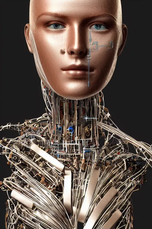 Image similar to robot with human face, female head, full body angle, woman human face, human face realistic, beautiful blonde hair, human head, human head with blonde hair, blonde hair human head, blonde hair, human realistic face, human head skin, cyborg frame concept, cyborg by ales-kotnik, sci-fi android female, the body is made of wires, robotic body, cyborg body, cyborg bust body, robot body cyborg, full body