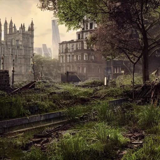 Image similar to overgrown london in ruins, highly detailed, 4k, HDR, award-winning, octane render, artstation