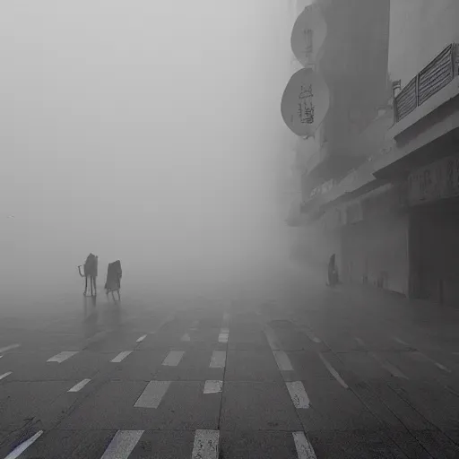 Image similar to hongkong life in a fog morning, by fan ho,