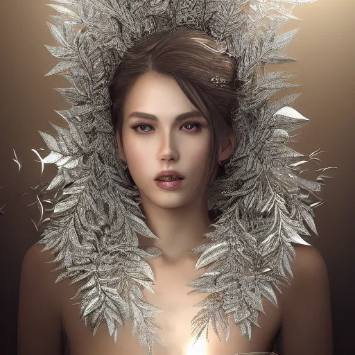 Prompt: a highly detailed digital image of a beautiful elegant woman wrapped in silver leaves, artstation, extremely detailed woman, stunning volumetric lighting, hyper realism, fantasy 4k,