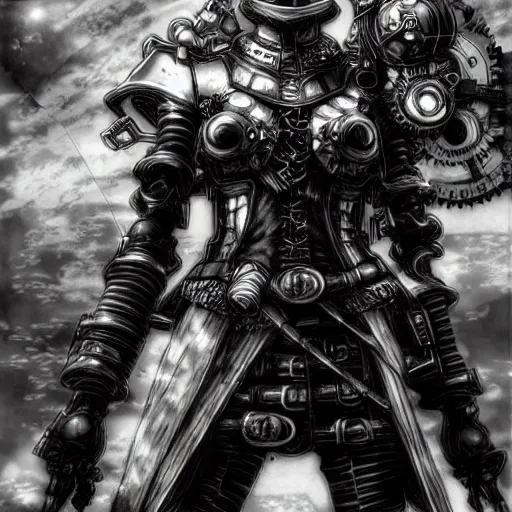 Image similar to a vertical portrait of an anime character in a scenic environment by yoshitaka amano and nihei tsutomu, black and white, dreamy, steampunk armor, highly detailed