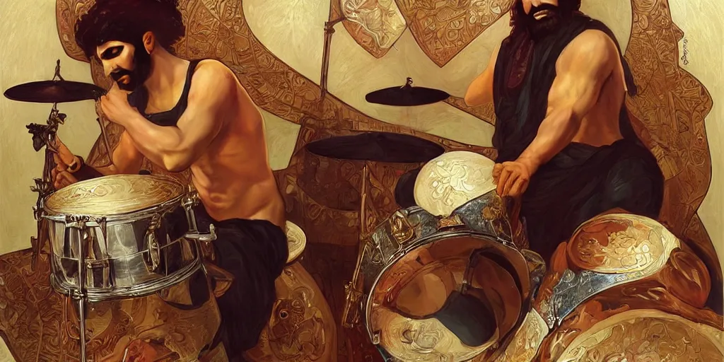 Prompt: a middle eastern rock drummer playing a modern rock drumset, the cymbals are replaced by ceramic food dishes, elegant, highly detailed, digital painting, artstation, concept art, smooth, sharp focus, illustration, art by artgerm and greg rutkowski and alphonse mucha and william - adolphe bouguereau