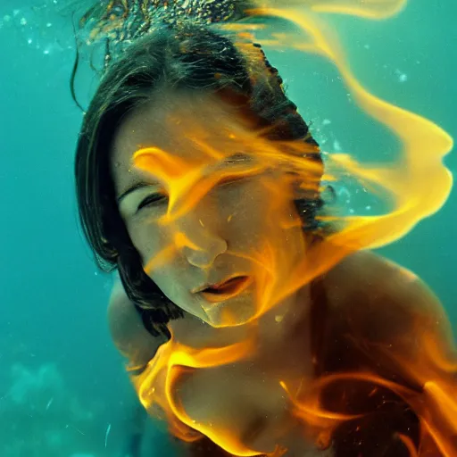 Image similar to woman covered in fire flames, underwater, 35mm film