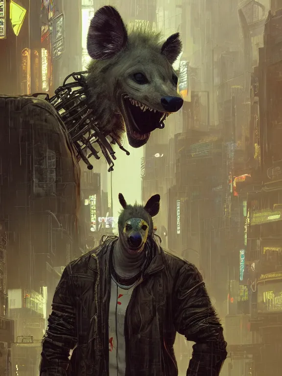 Image similar to new york city portrait of furry anthro anthropomorphic spotted hyena head animal person fursona wearing clothes strange cybernetic muzzle gloomy rainy screenshot from the video game cyberpunk 2077 digital art by Greg Rutkowski, Simon Stalenhag, christopher nolan trending on Artstation, CGSociety