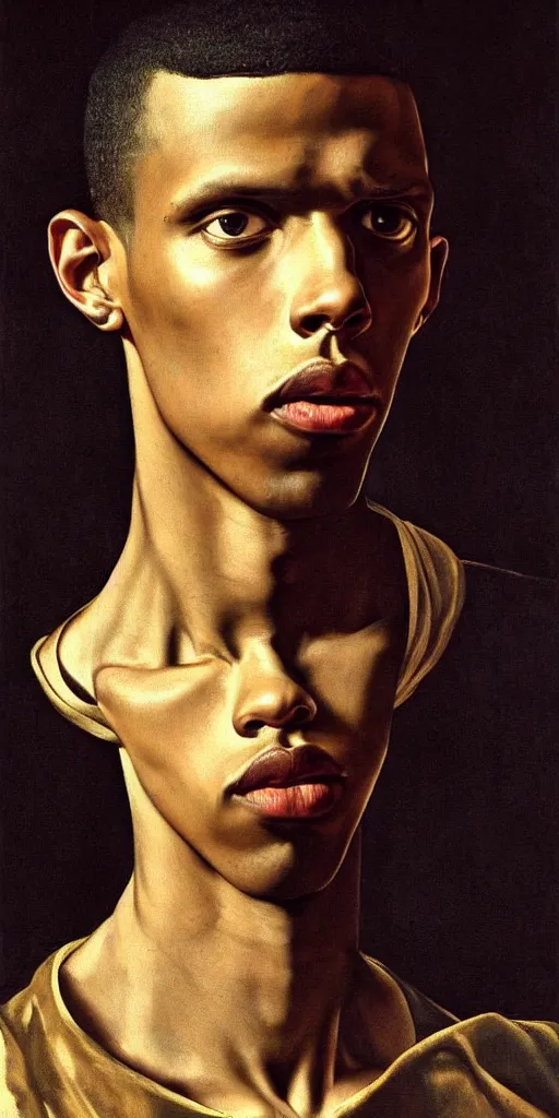 Prompt: a masterpiece painted portrait of stromae as a prince, by caravaggio, epic composition, exquisite details, dark mood,