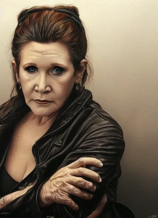 Image similar to portrait of carrie fisher, gritty, dark, wearing a leather jacket, very detailed eyes, hyperrealistic, very detailed painting by Glenn Fabry, by Joao Ruas, by Artgerm