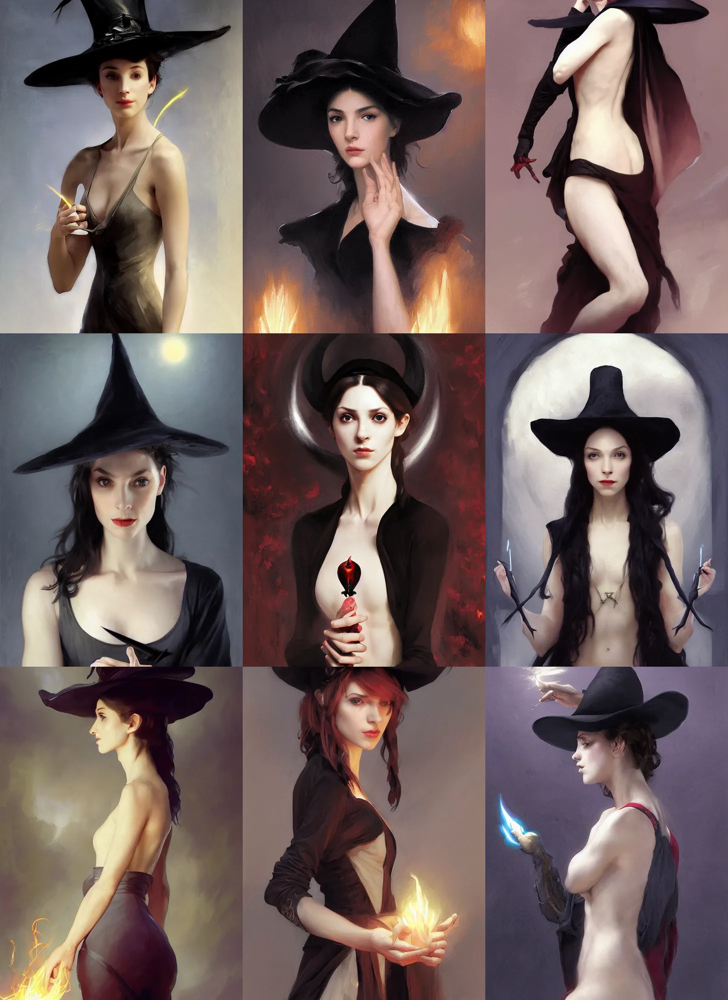 Prompt: character concept portrait of an attractive young focused Spanish witch with pale skin and big black pointy hat casting a spell, a floating burning love potion in the center, intricate, elegant, digital painting, concept art, smooth, sharp focus, illustration, from Metal Gear, by Ruan Jia and Mandy Jurgens and William-Adolphe Bouguereau, Artgerm