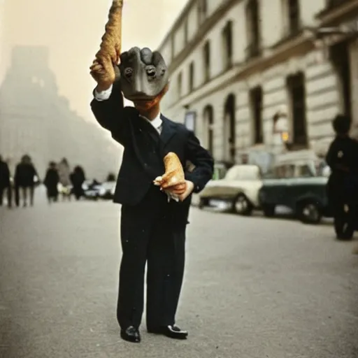 Image similar to a real photo by saul leiter of a small anthropomorphic dinosaur wearing a suit and standing in paris while holding a baguette, by helen levitt